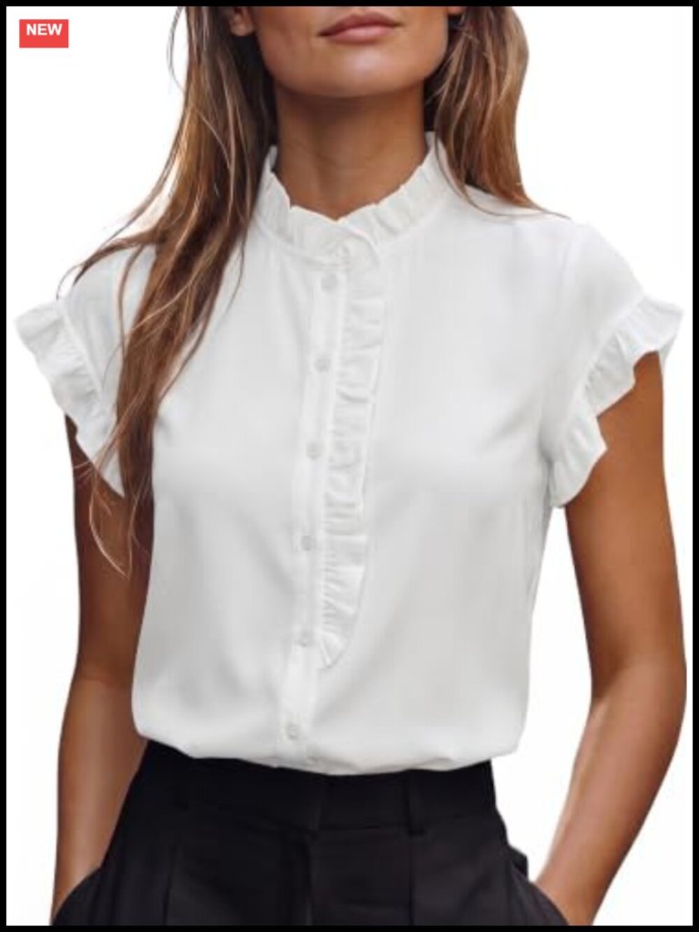 Women's Ruffle Sleeve Mock Neck Peplum Blouse Button Front Summer Shirt